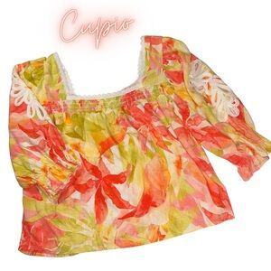 Cupio Floral Blouse Bright Orange Yellow Green Flowy Top 3/4 Sleeves Lace Trim